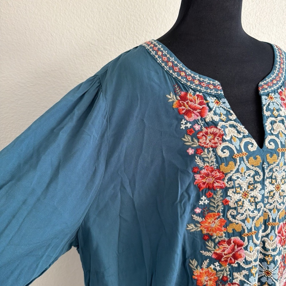 Savanna Jane Tunic Top Womens 2X Teal Embroidered Floral 3/4 Bell Sleeve Boho - Picture 6 of 9